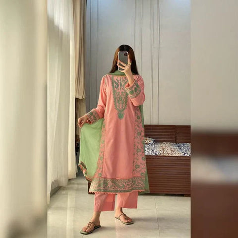 Coral Glow – Embroidered 3 Piece